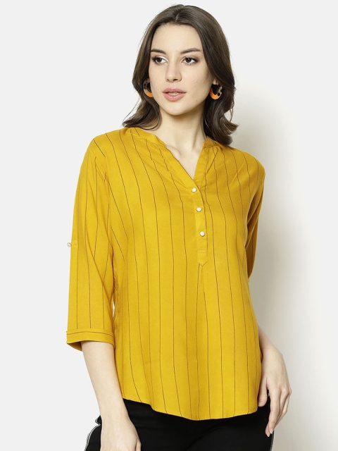 

V2 Value & Variety Women Mustard Striped Mandarin Collar Shirt Style Top