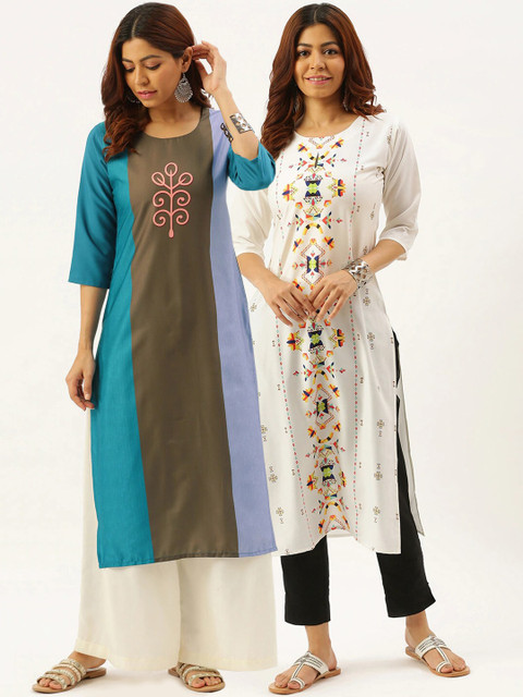 

7Threads Women Pack of 2 Quirky Printed Crepe Kurtas, White