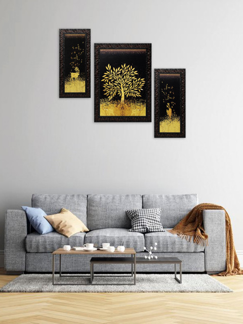 

Indianara Set of 3 Mustard Yellow & Black Tree & Deers Framed Wall Paintings without Glass