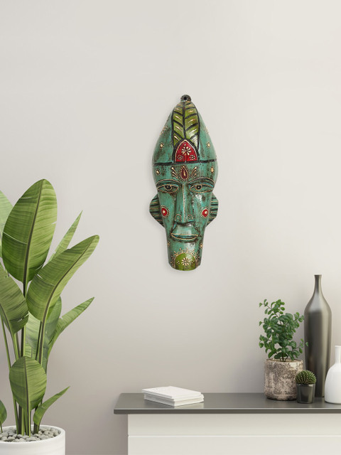 

India Circus by Krsnaa Mehta Navy Turquoise Blue & Red Handcrafted Leprechaun Decorative Wooden Mask Wall Decor