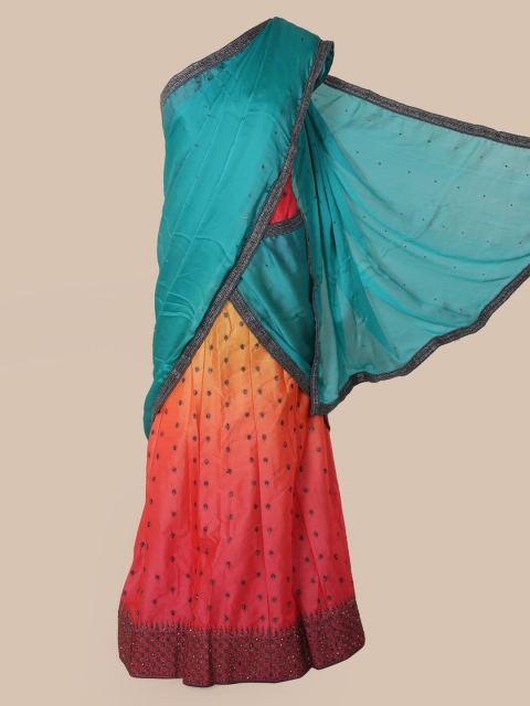 

Pothys Blue & Orange Poly Chiffon Embroidered Saree