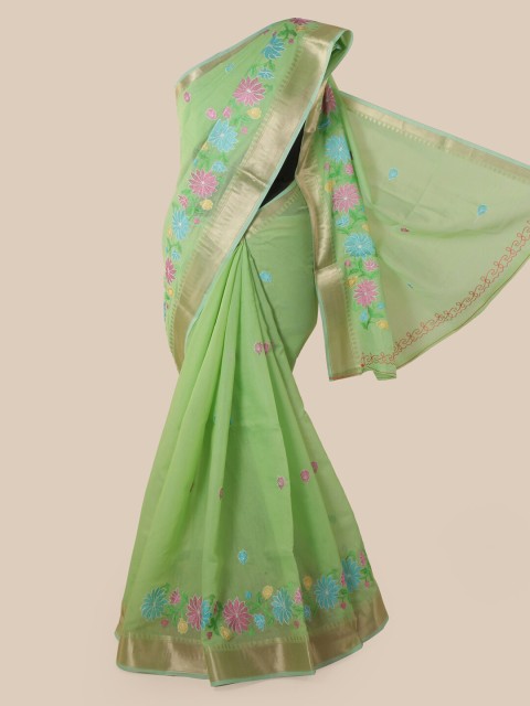 

Pothys Green & Blue Cotton Blend Embroidered Chanderi Saree