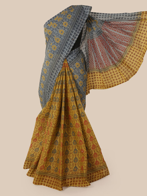 

Pothys Grey & Mustard Pure Cotton Printed Saree