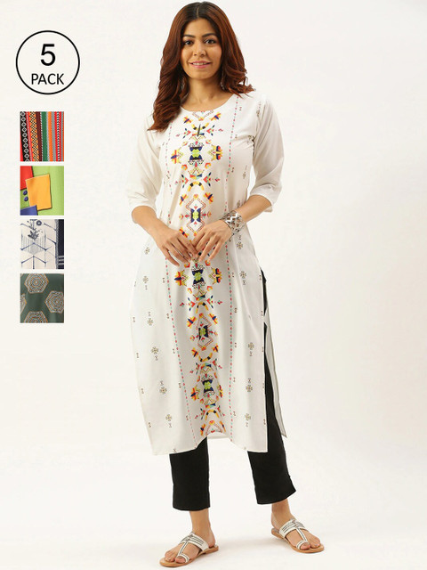 

7Threads Women Pack of 5 Geometric Printed Crepe Kurtas, White