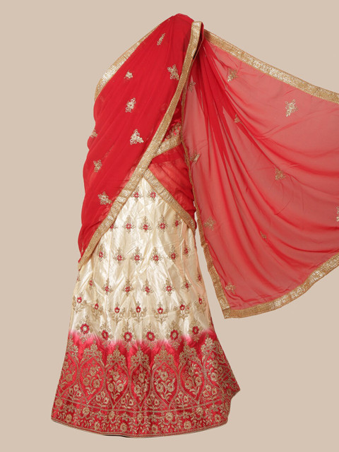 

Pothys Red & Cream-Coloured Poly Chiffon Woven Design Lehenga Saree