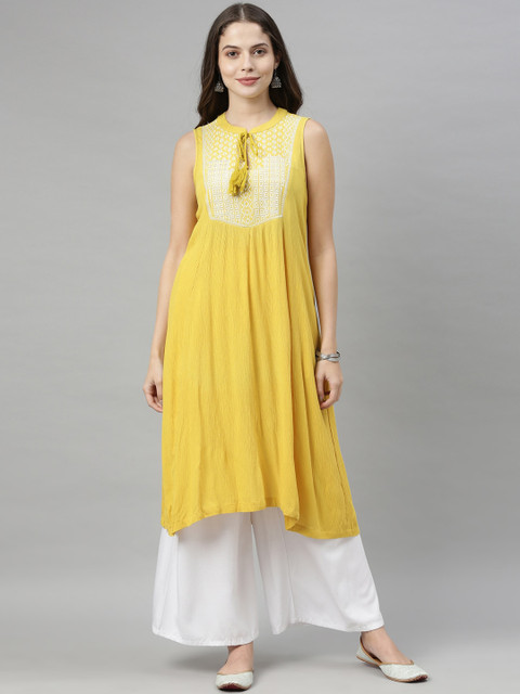 

Neerus Women Yellow & White Ethnic Motifs Embroidered Thread Work Kurta