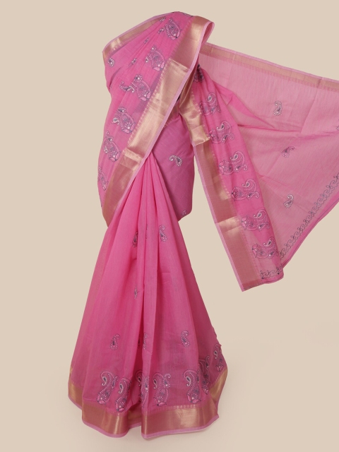 

Pothys Pink Embroidered Chanderi Saree