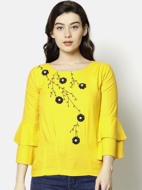 

V2 Value & Variety Yellow & Black Floral Applique Regular Top
