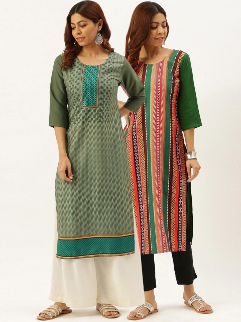 

7Threads Women Pack of 2 Multicoloured Striped Crepe Kurta, Multi