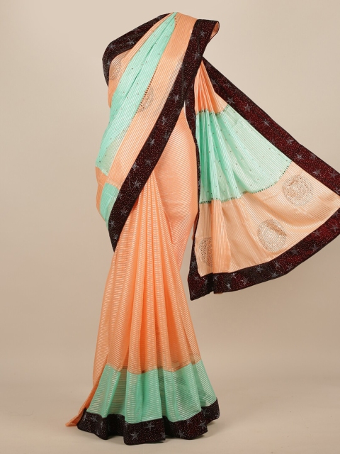 

Pothys Orange & Sea Green Poly Chiffon Colourblocked Saree