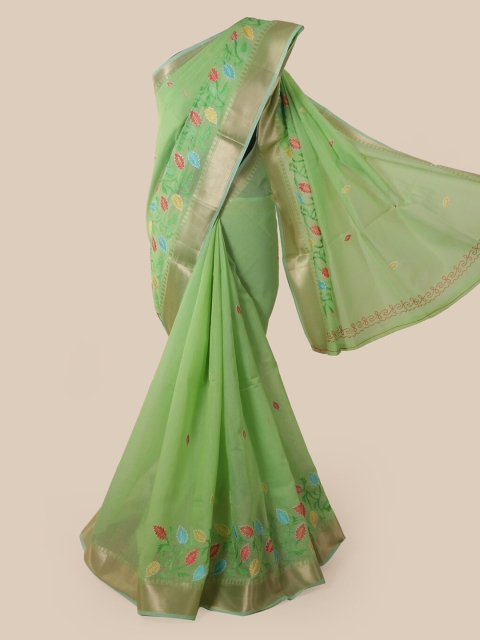 

Pothys Green Cotton Blend Embroidered Chanderi Saree