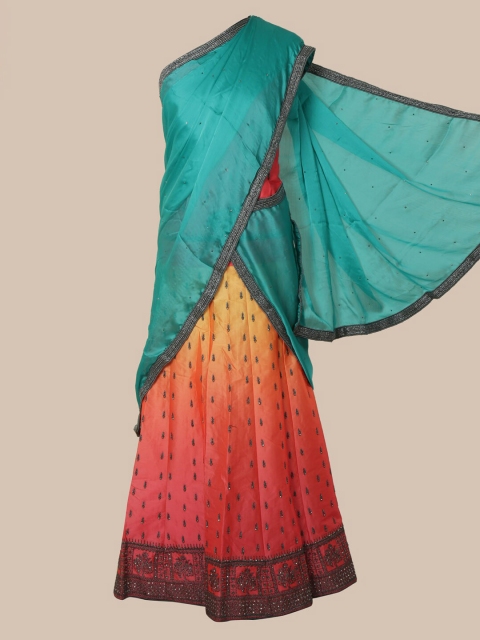 

Pothys Blue & Orange Poly Chiffon Embroidered Lehenga Saree