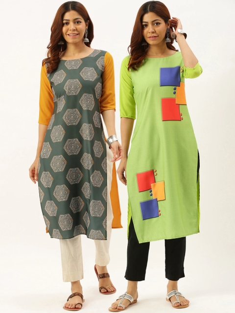 

7Threads Pack Of 2 Women Multicoloured Geometric Printed Crepe Kurta, Multi