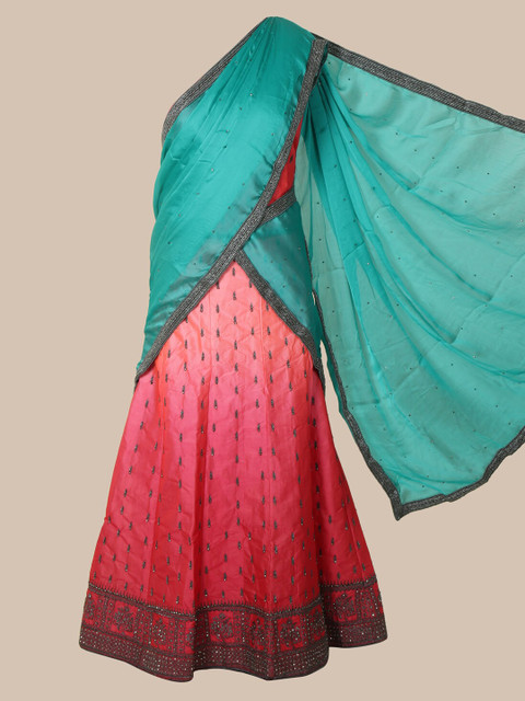 

Pothys Turquoise Blue & Peach-Coloured Poly Chiffon Embellished Saree