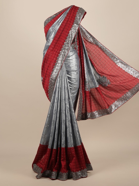 

Pothys Grey & Maroon Jute Silk Colourblocked Saree