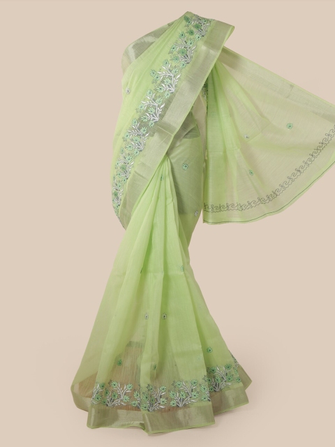 

Pothys Green & White Cotton Blend Embroidered Chanderi Saree