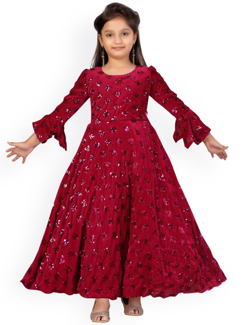 

Aarika Girls Maroon Sequinned Velvet Finish Gown
