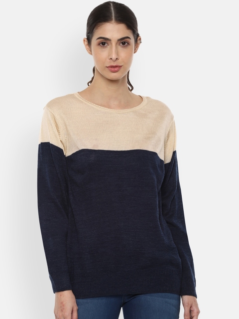 

Van Heusen Woman Navy Blue & Cream-Coloured Colourblocked Acrylic Regular Top