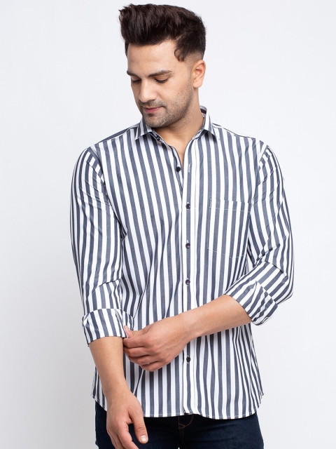 

Ennoble Men White & Navy Blue Slim Fit Striped Casual Shirt