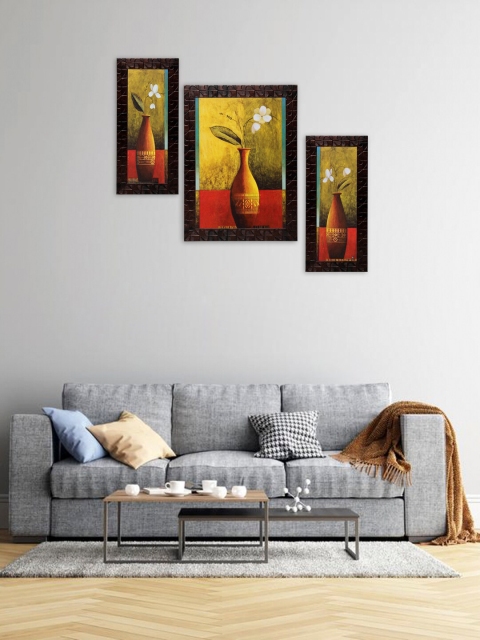 

Indianara Set of 3 Mustard Yellow & Rust Orange Flowers in Vases Framed Wall Paintings