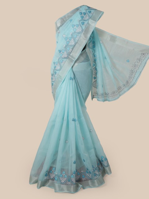 

Pothys Blue Cotton Blend Embroidered Chanderi Saree