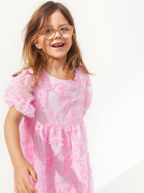 

H&M Girls Pink Self-Design Puff-Sleeved Tulle Dress