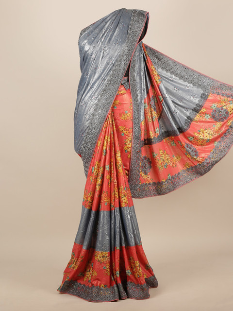 

Pothys Grey & Orange Jute Silk Embellished Saree