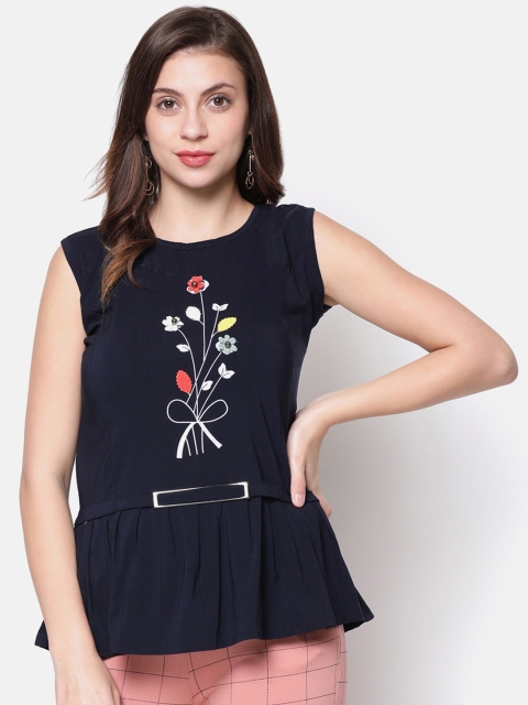 

V2 Value & Variety Navy Blue Floral Applique A-Line Top