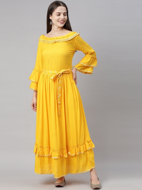 

Neerus Mustard Yellow Solid Ethnic Maxi Dress with Belt