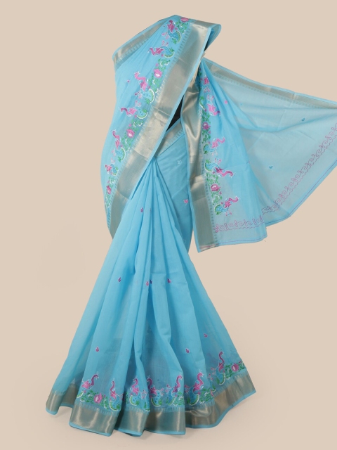 

Pothys Blue Cotton Blend Embroidered Chanderi Saree
