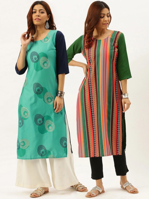 

7Threads Pack Of 2 Women Multicoloured Ethnic Motifs Printed Crepe Kurta, Multi