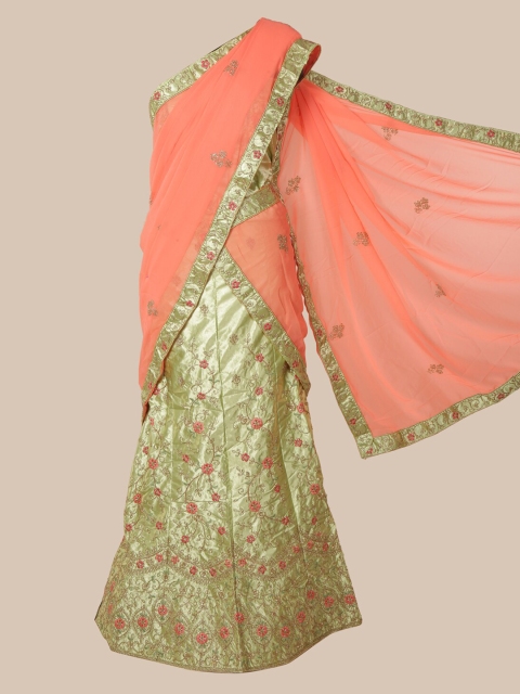 Pothys Peach-Coloured & Green Poly Chiffon Embroidered Saree