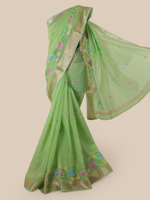 

Pothys Green Embroidered Chanderi Saree