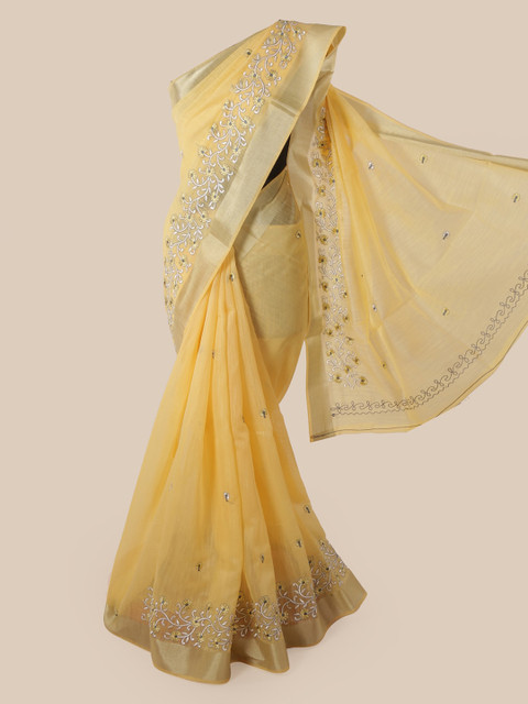

Pothys Yellow Cotton Blend Embroidered Chanderi Saree