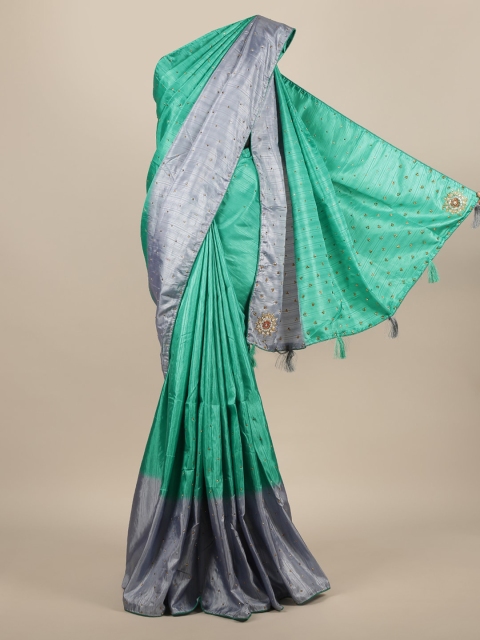 

Pothys Green Embellished Jute Silk Saree With Tasseled Pallu