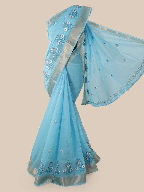 

Pothys Blue Cotton Blend Embroidered Chanderi Saree
