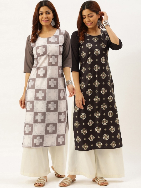 

7Threads Women Pack of 2 Geometric Printed Crepe Kurtas, Grey