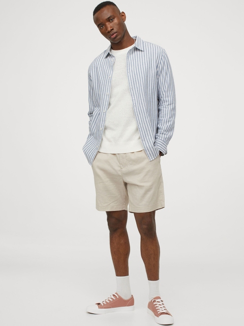 

H&M Men White & Blue Linen-Blend Shirt Slim Fit