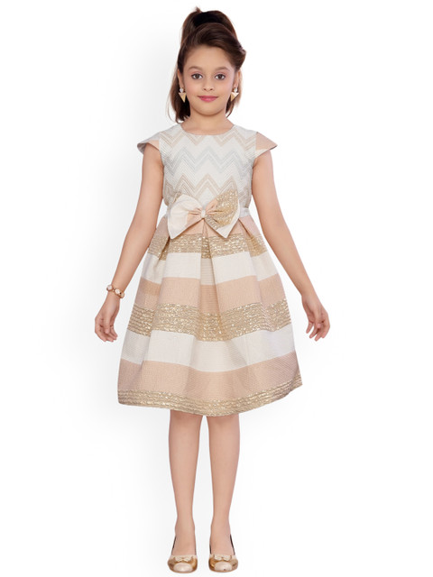 

Aarika Girls Off-White & Peach-Coloured Striped A-Line Dress