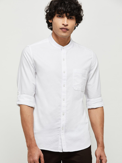 

max Men White Cotton Slim Fit Solid Casual Shirt