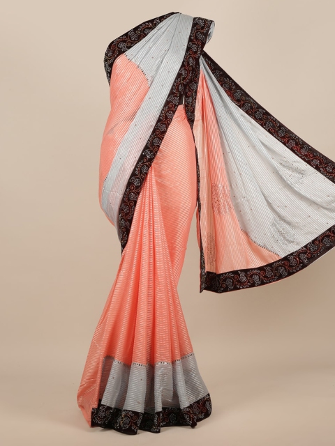 

Pothys Pink & Grey Poly Chiffon Striped Saree