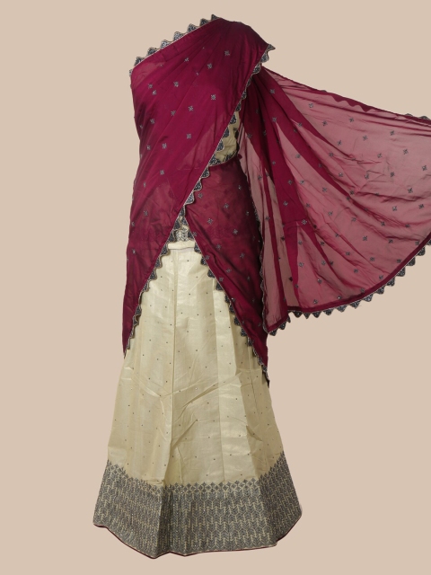 

Pothys Magenta & Green Poly Chiffon Woven Design Lehenga Saree