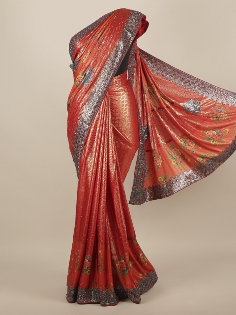 

Pothys Red Embellished Jute Silk Saree
