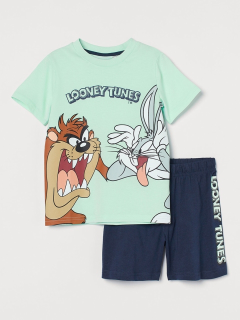 

H&M Boys Green & Navy Blue Looney Tunes Printed Cotton Night Suits