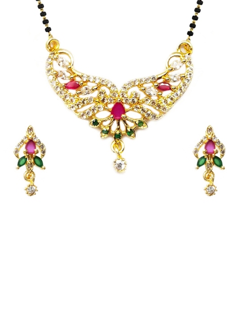 

OOMPH Gold-Toned & Black Beaded & American Diamond Studded Mangalsutra With Earrings