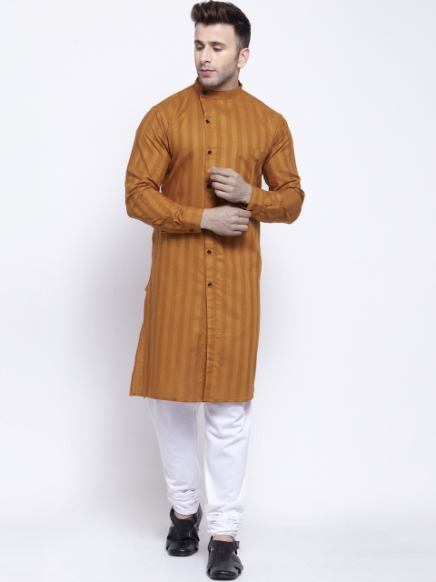 

KLOTTHE Men Rust Brown & White Striped Kurta with Churidar Pyjamas