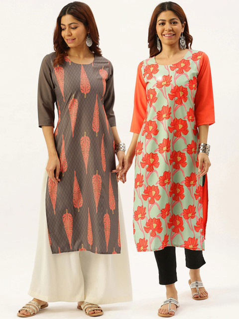 

7Threads Women's Crepe Multi Color Digital Print Straight Kurta Pack Of 2