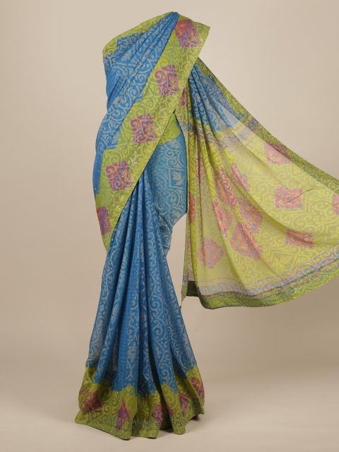 Pothys Blue Printed Poly Chiffon Saree