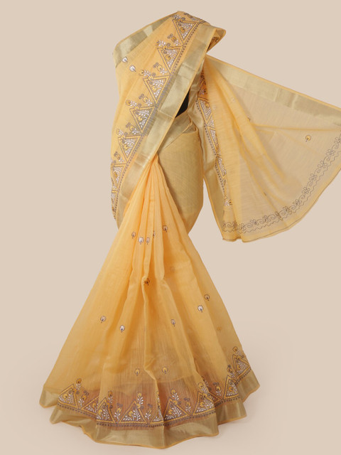 

Pothys Yellow & White Cotton Blend Embroidered Chanderi Saree