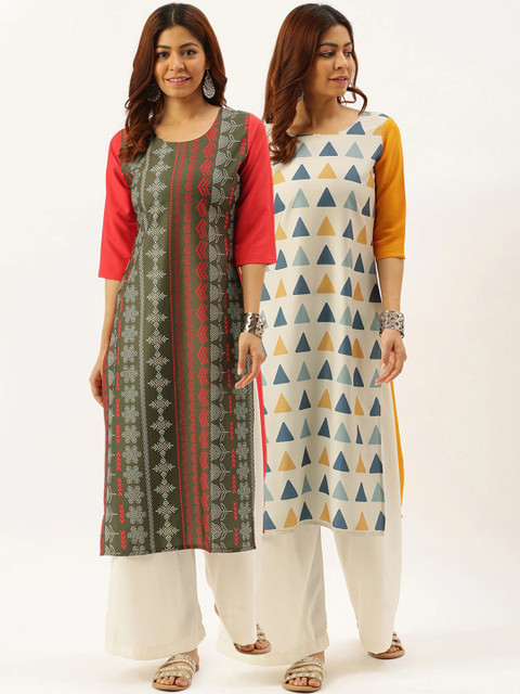 

7Threads Women Pack of 2 Geometric Printed Crepe Kurtas, Off white
